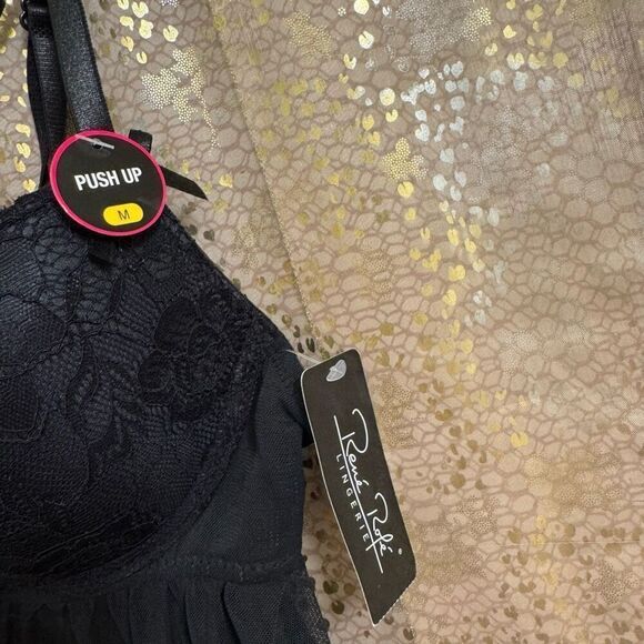 Rene Rofe Black Sheer Push Up Babydoll Lingerie Nighty Medium NWT - Picture 5 of 7